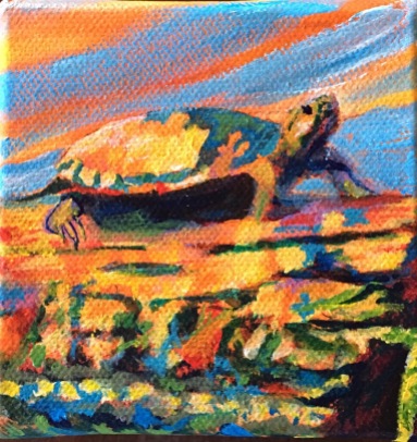 Betty Schriver - McGuire Lake Turtle - 4x4" gallery wrap canvas, gold leaf adornment SOLD