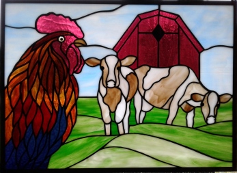 Stained Glass Cows, Rooster, Barn